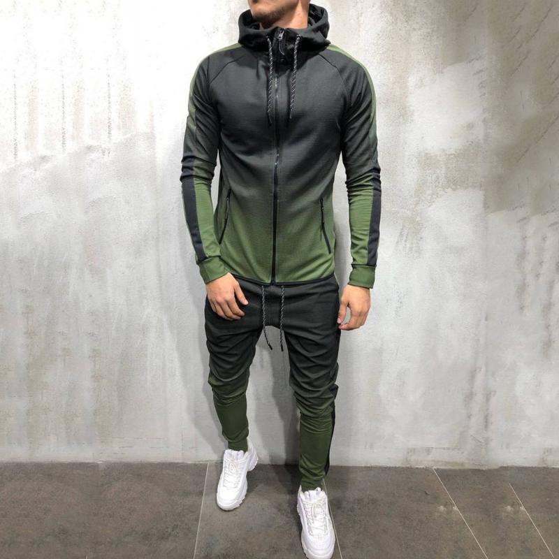 Zipper Tracksuit Men Set Sporting 2 Pieces Sweatsuit Printed Hooded Hoodies Jacket Pants Track Suits Male