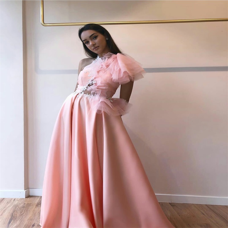 pink sexy hollow aline evening dresses sleeveless hand made flower formal prom dress ruched satin and tulle custom made long party gown