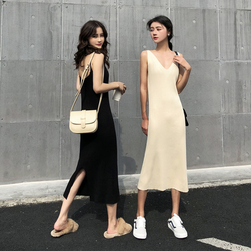 Elegant Simple Knitted Dress Women Pure Color V Neck Black Sexy Robe Femme Sleeveless Midi Sundress Ladies Dresses Spring Summer
Elegant Simple Knitted Dress Women Pure Color V Neck Black Sexy Robe Femme Sleeveless Midi Sundress Ladies Dresses Spring Summer