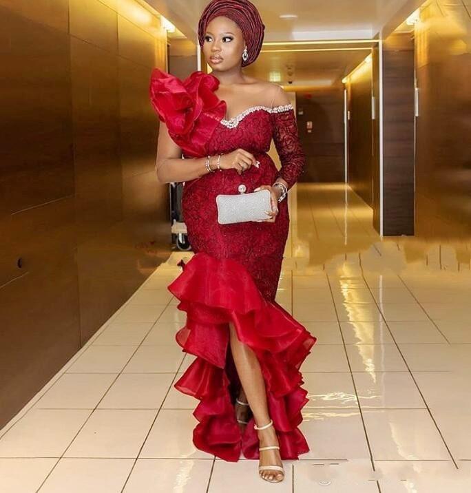 Aso Ebi Mermaid Evening Dresses Lace Appliques Formal Prom Dress African Organza Ruffles One Shoulder Long Sleeve Dresses Wear, Black;red
Aso Ebi Mermaid Evening Dresses Lace Appliques Formal Prom Dress African Organza Ruffles One Shoulder Long Sleeve Dresses Wear, Black;red