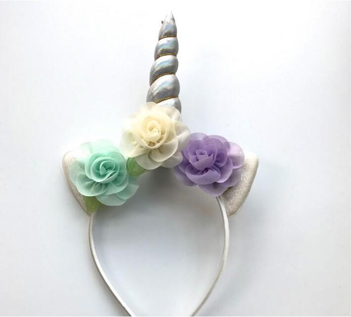 Children's headban Glitter Metallic Unicorn Headband Girls Chiffon Flowers Hairband For Kids leaf flower Unicorn Horn Party Hair Accessories