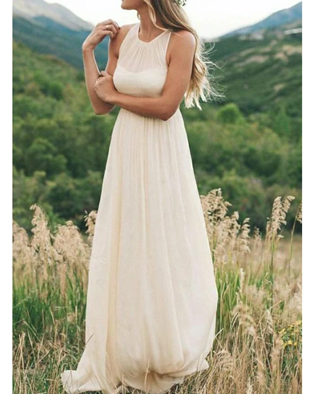 a-line wedding dresses jewel neck sweep / brush train chiffon regular straps country simple casual plus size with draping, White
a-line wedding dresses jewel neck sweep / brush train chiffon regular straps country simple casual plus size with draping, White