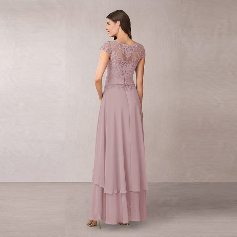 Latest Charming Rose High Low Chiffon Lace Mother of the Bride Dresses Short Sleeve Boat Neck Wedding Party Gowns Applique Pleat