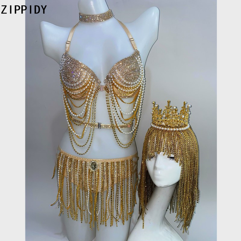 Gold Rhinestone White Beading Fringe Bra Short Queen Headdress Outfit Women Dancer Bar Prom Bikini Team Outfit Set
Gold Rhinestone White Beading Fringe Bra Short Queen Headdress Outfit Women Dancer Bar Prom Bikini Team Outfit Set