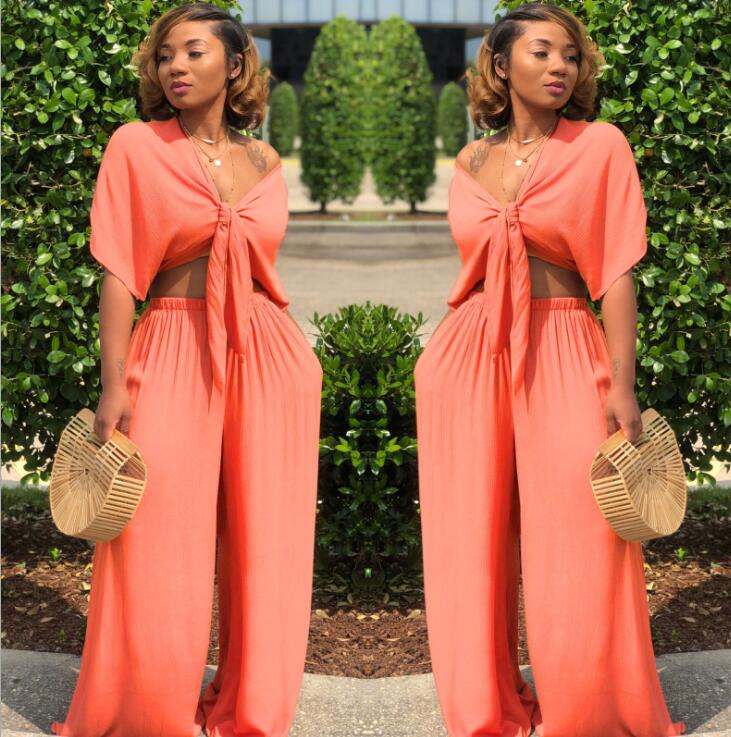 Plus Size Sexy Two Piece Set Women Outfits Bow Tie Tops+Wide Leg Pants Suits Casual Clothes solid color Matching Sets1