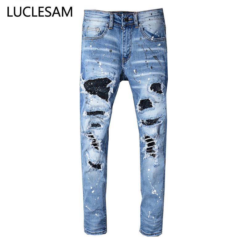 2020 Mens Ripped Denim Jeans with Rhinestone Crystal Stretch Slim Fit Patchwork Pants for Men Splash Ink Fashion Male Trousers, Indigo
2020 Mens Ripped Denim Jeans with Rhinestone Crystal Stretch Slim Fit Patchwork Pants for Men Splash Ink Fashion Male Trousers, Indigo