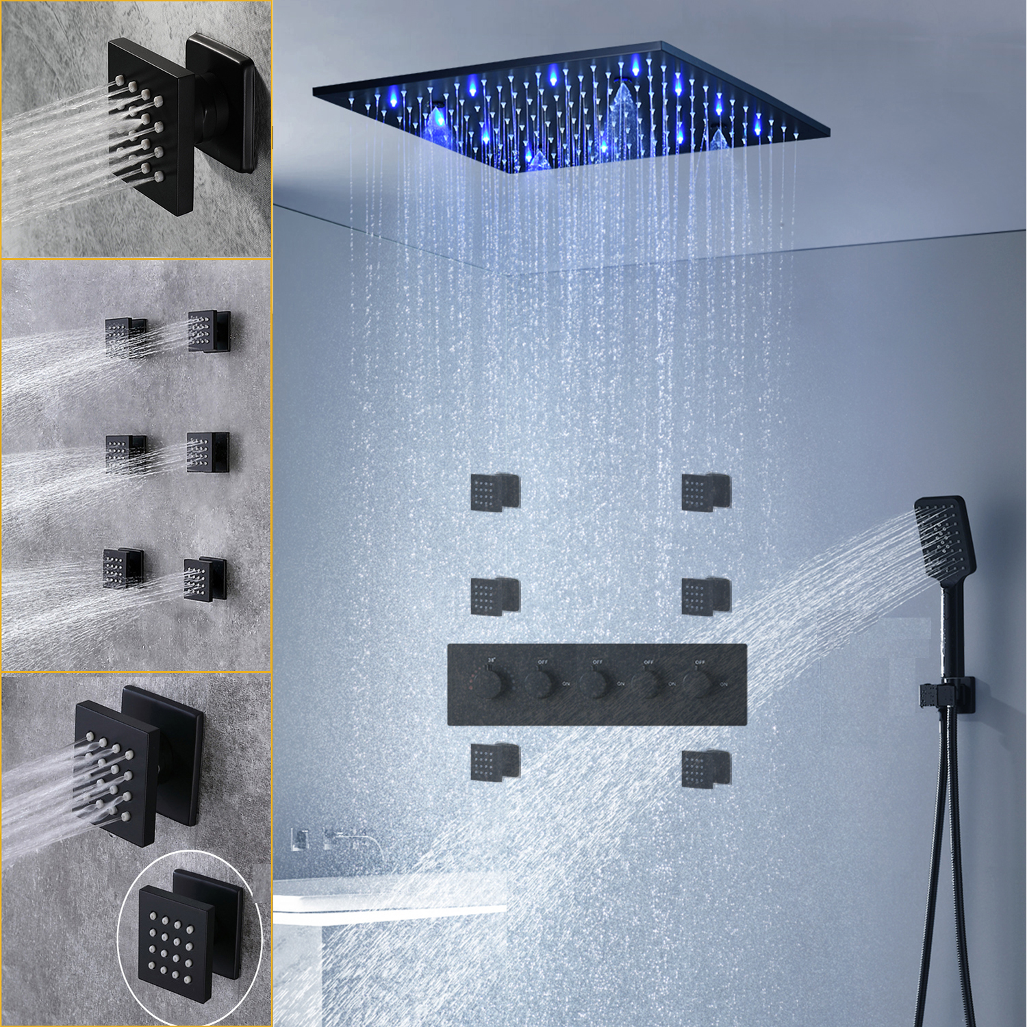 

Bathroom 20 Inch Black Massage Rain LED Shower Panel Head Faucet Set Thermostatic Mixer Diverter With Body Jets Spray