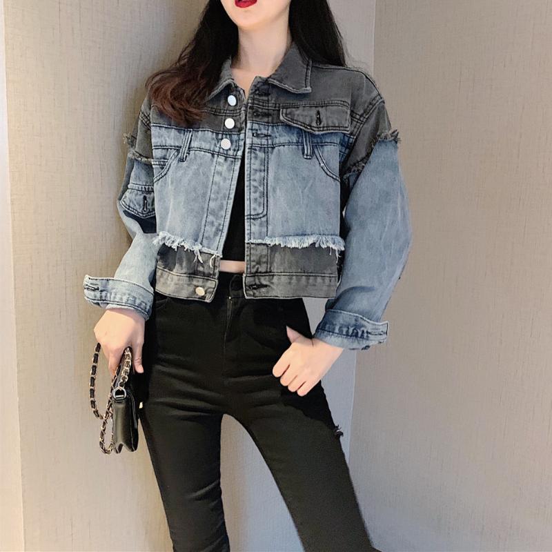 Personality gray blue stitching denim jacket female loose long sleeve jacket, Navy blue
Personality gray blue stitching denim jacket female loose long sleeve jacket, Navy blue