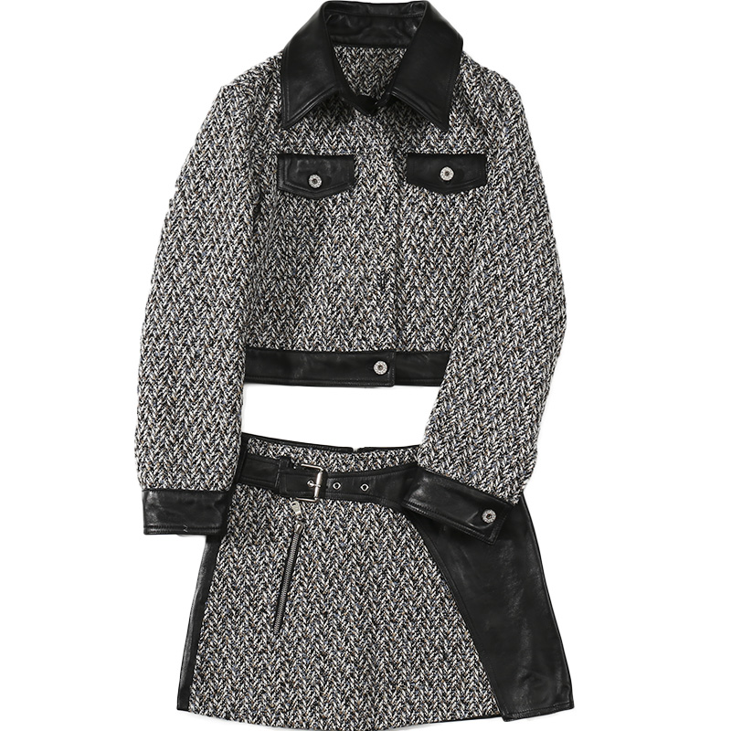 European station 2020 autumn new Haining leather splicing short leather sheepskin skirt skirt short suit, Black
European station 2020 autumn new Haining leather splicing short leather sheepskin skirt skirt short suit, Black