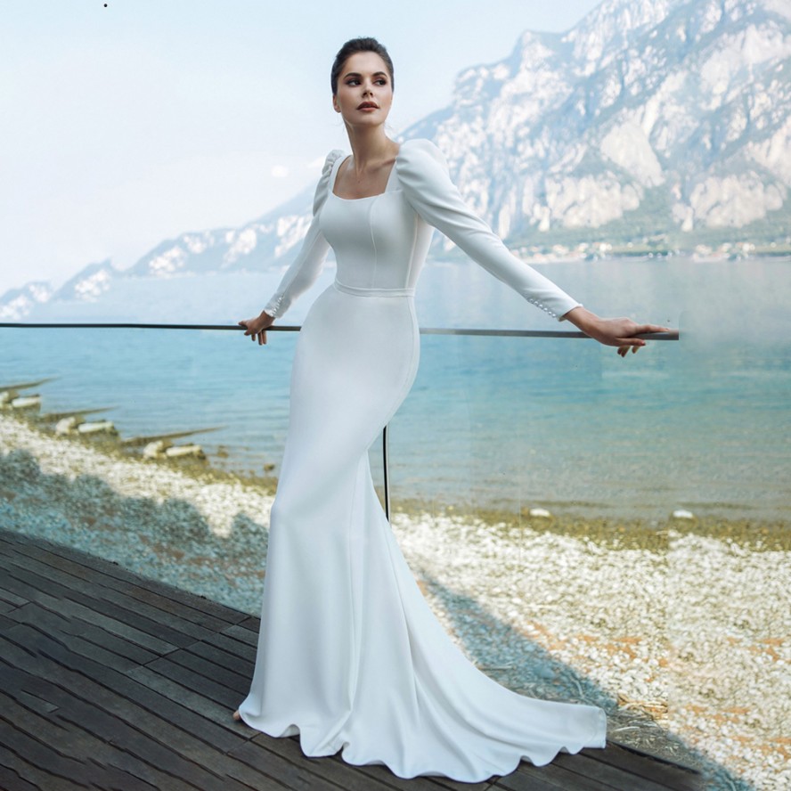 Wedding Dress Elegant Mermaid Square Collar Long Sleeve Satin Vestido de novia 2020 Button Princess Bridal Gown
