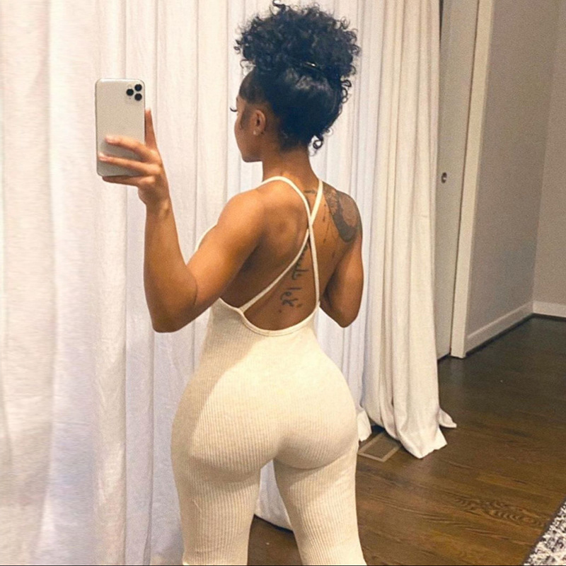 Women Sleeveless V-neck Solid Ribbed Open Back Cross Sexy Jumpsuit Bodysuit Jumpsuits Sexy Club Loose Hollow Out clothes