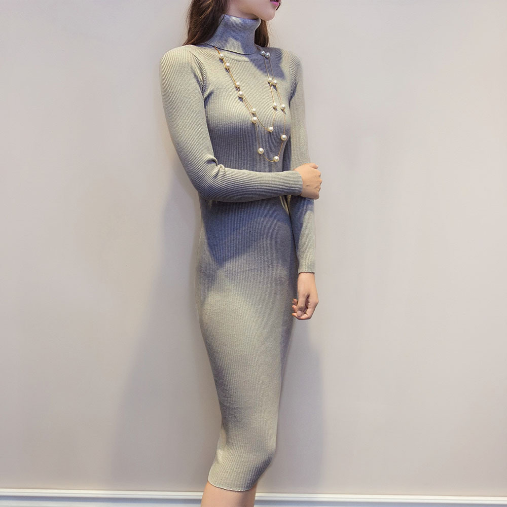 Women Autumn Winter Knitted Sweater Dresses Slim Elastic Turtleneck Long Sleeve Sexy Lady Bodycon Dresses 201008