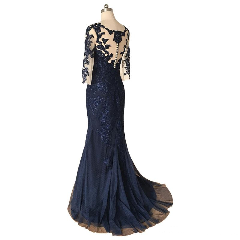 Elegant Navy Mermaid Mother of the Bride Dresses Full Length Lace Applique Women Formal Evening Gown 3/4 Long Sleeve Prom Party Dress