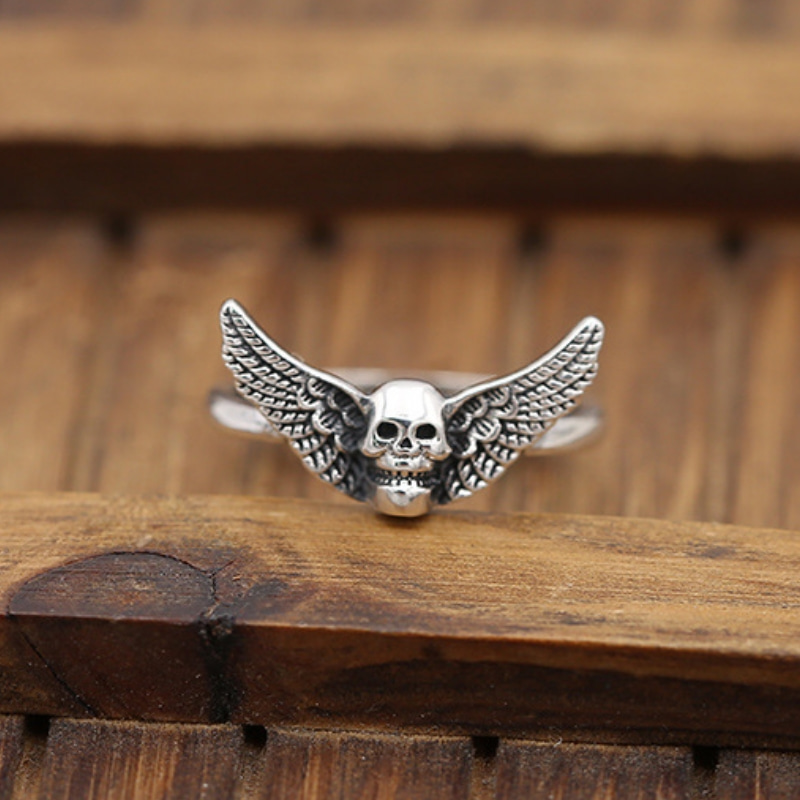 Vintage style 925 sterling silver handmade jewelry American European designer antique silver skull wing band rings for women free shipping