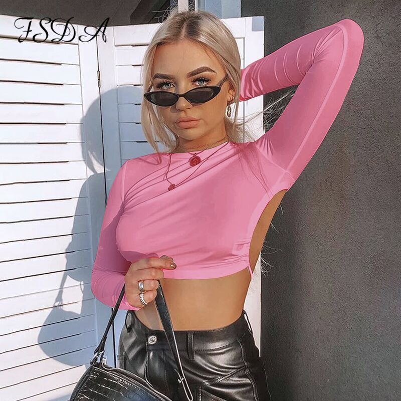 FSDA O Neck Long Sleeve Crop Top Women Sexy Backless Summer White Black Top Bandage Casual T Shirt Ladies