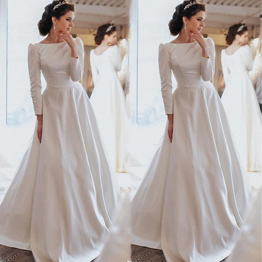 Simple Korean Autumn Spring Satin Wedding Dresses A e Long Sleeves or Length Bridal Gowns Modest Garden Bride Dress Vestidos de Novia
