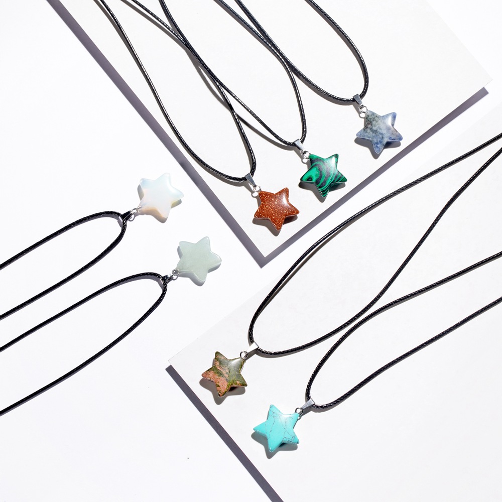 QIMOSHI Natural Healing Crystal Stone Star Pendant Necklace Reiki Solar Quartz Pendants Jewelry for Womens Mens 18Inch Leather