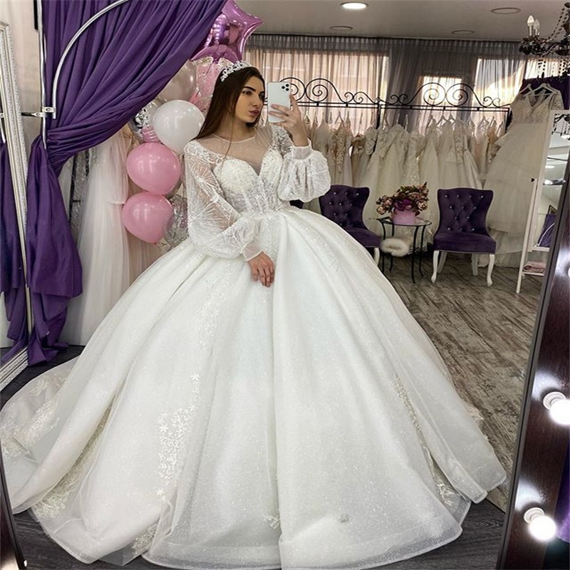 2021 Luxury Ball Gown Wedding Dresses Long Sleeves Beads Sequins Appliqued Wedding Gowns Saudi Arabian Dubai Custom Made Bridal Dress