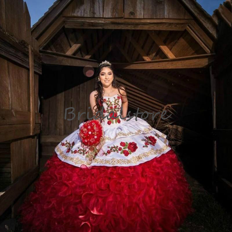 Red Masquerade Quinceanera Dresses Ragazza Elegant Sweet 15 Embroidery Mexican Puffy Ball Gown vestidos de quinceañera 202 Organza Tiered