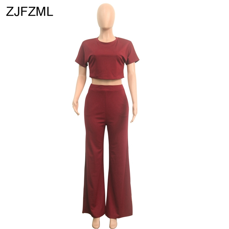 ZJFZML Summer 2 Piece Matching Sets Women O Neck Short Sleeve Crop Top+Full Length Wide Leg Pant Casual Solid Two Pieces Outfits