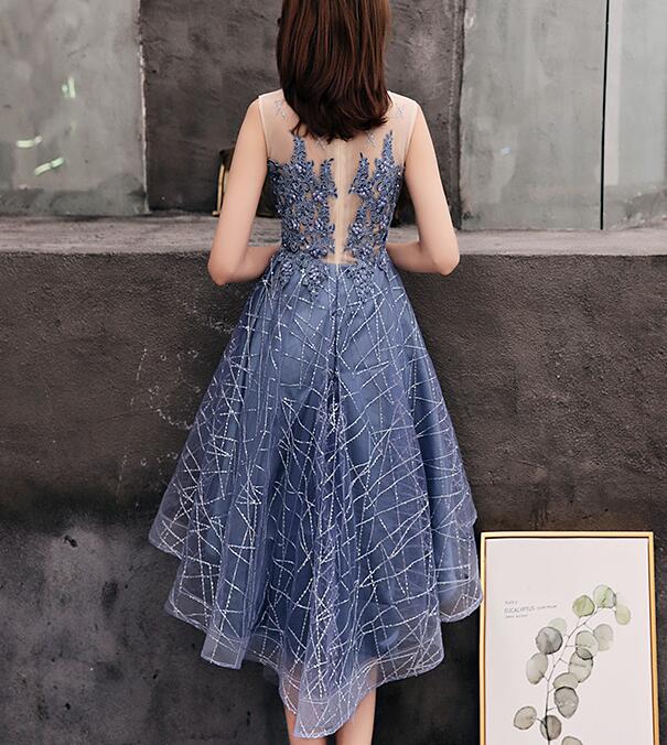 Haze Blue Bridesmaid Dresses Chiffon Applique Hi Lo Jewel Neck Zipper Back Robes De Demoiselle D'honneur