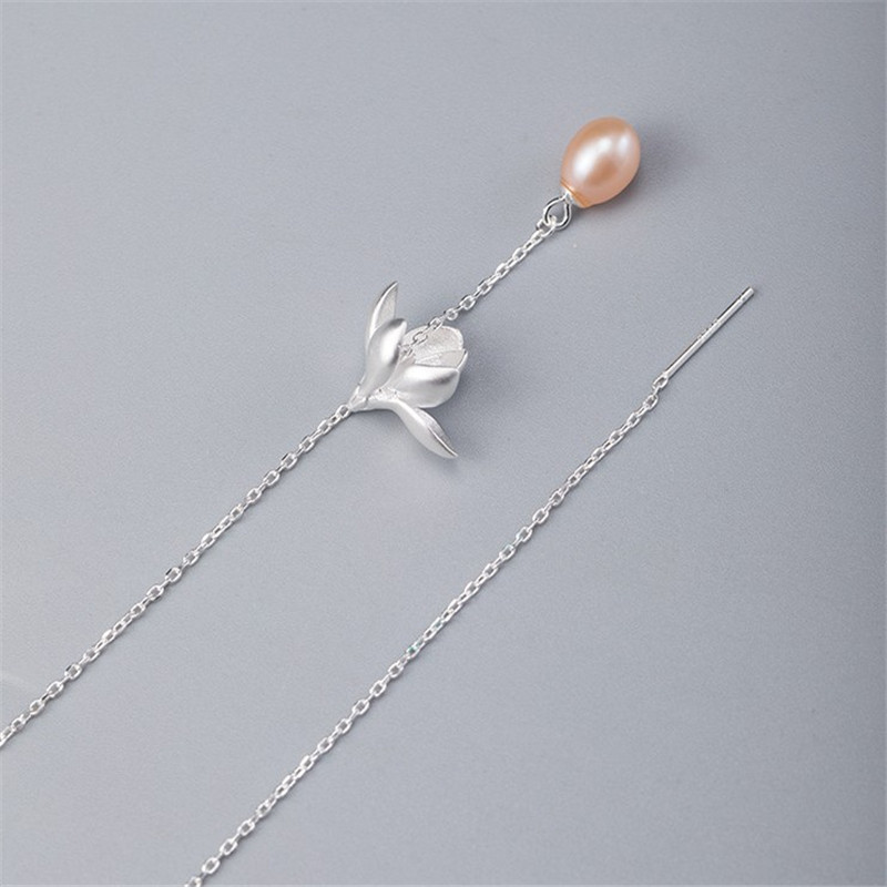 100% 925 Sterling Silver Long Chain Tassel Flower Earrings Female Natural Freshwater Pearl Dangle Drop Earring For Women