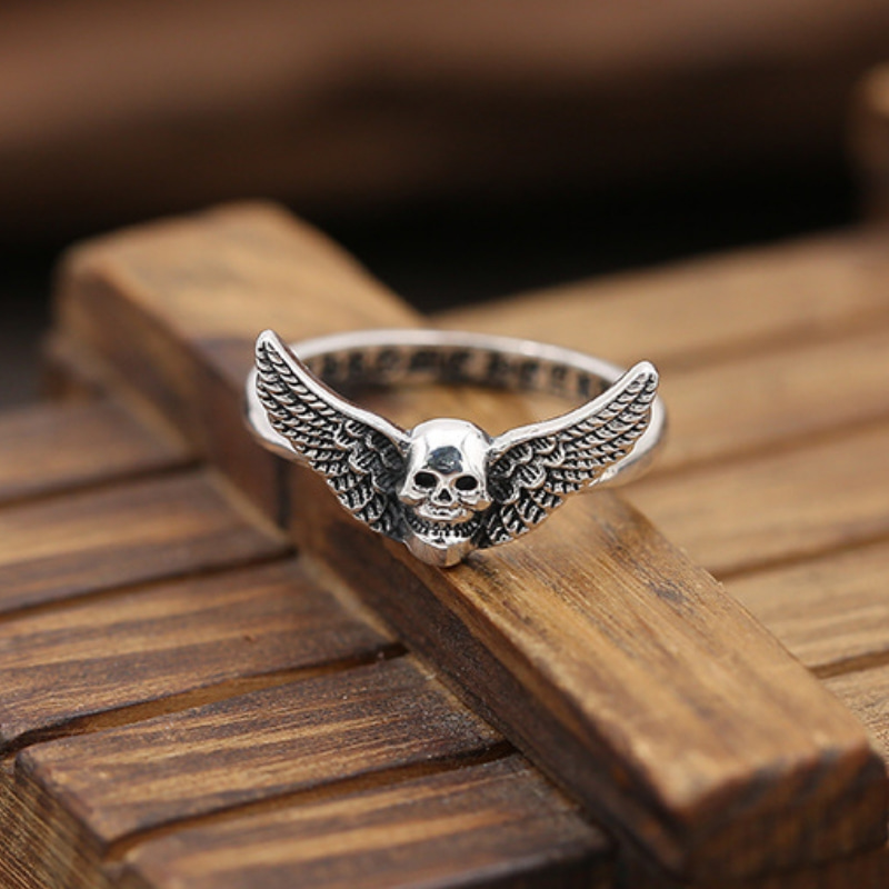 Vintage style 925 sterling silver handmade jewelry American European designer antique silver skull wing band rings for women free shipping