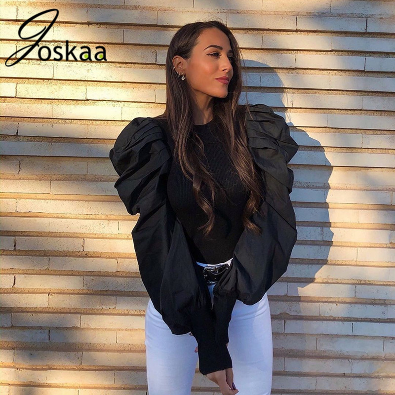 Joskaa Elegant Puff Long Sleeve Blouse Shirts Chic Patchwork Knitting Pullover Sweater Top Casual Streetwear Outfits Slim Blusas T200808