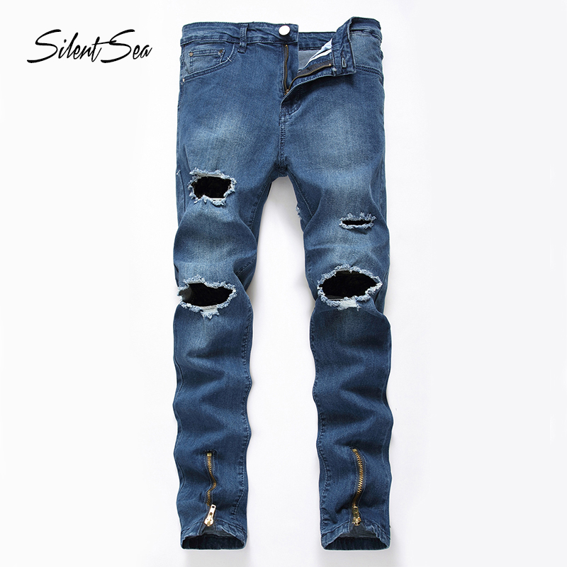 Silentsea high street fashion hotsale knee zipper men's jeans destroyed ragged hole male club denim fabric stretch trousers, Blue
Silentsea high street fashion hotsale knee zipper men's jeans destroyed ragged hole male club denim fabric stretch trousers, Blue
