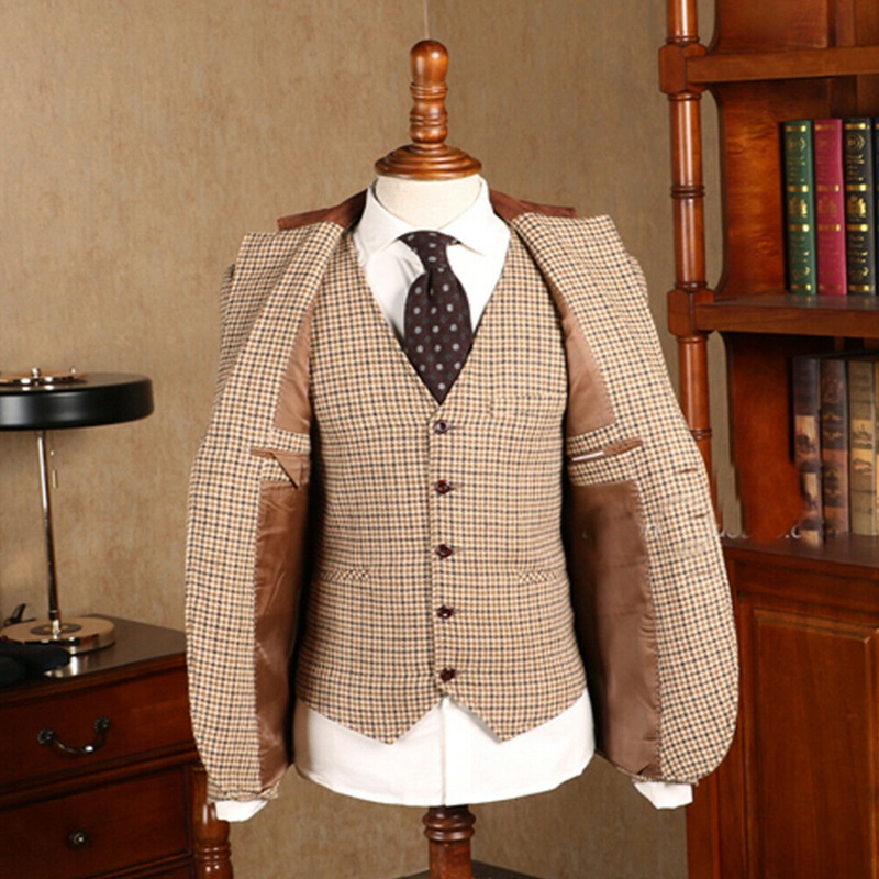 newest khaki houndstooth suits formal wool blend tweed vintage tuxedo mens two button notch lapel bridegroom suits