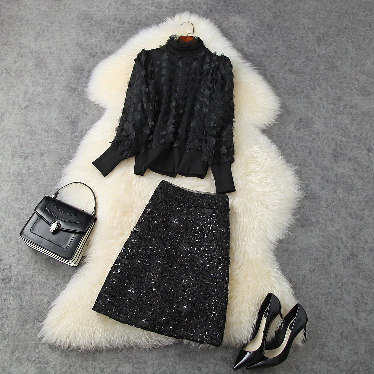 European and American women's clothing 2020 autumn new style Long-sleeved applique sweater Sequined tweed skirt fashion suit, Black
European and American women's clothing 2020 autumn new style Long-sleeved applique sweater Sequined tweed skirt fashion suit, Black