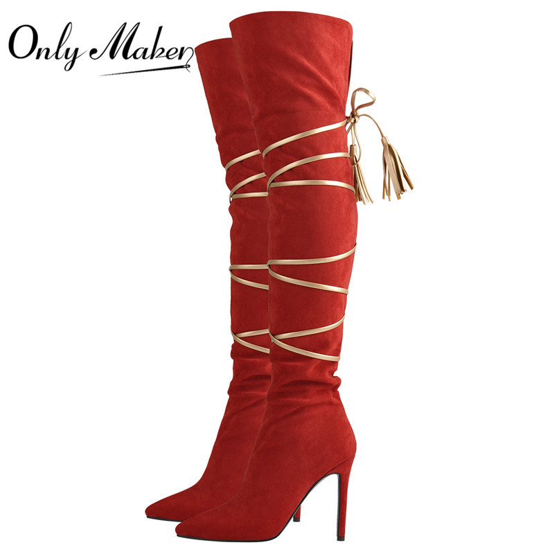 Onlymaker Red Pointed toe Suede Gold Lace-up Thin High Heel Over The Knee Boots lady Fashion Long Boots, S190906a
Onlymaker Red Pointed toe Suede Gold Lace-up Thin High Heel Over The Knee Boots lady Fashion Long Boots, S190906a