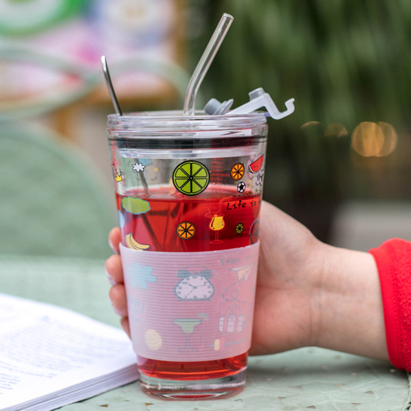 New 15oz Scale Glass Mug Oat Cartoon Print Drinking Cups Water Cup Milk Breakfast Cup Large Capacity Heat Resistant Scale Glass Mug