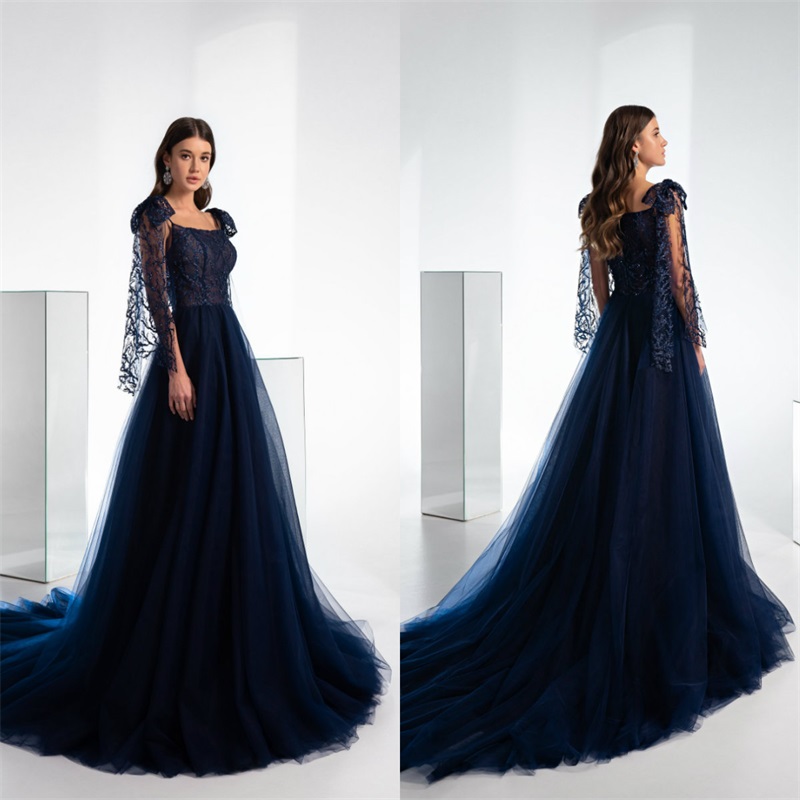 Gorgeous Blue Evening Dresses 2021 Newest Spaghetti Strap Appliqued Lace A-line Prom Dress Sweep Train Red Carpet Dress Formal Party Dress