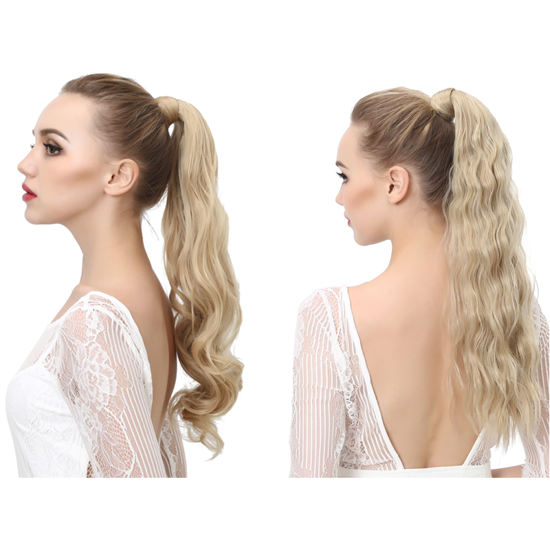 blond Virgin Ponytail Hair Extension Clip in wavy Kinky Curly Long Human 613 Wrap Around Pony Tail honey Blonde Hairpiece 120g