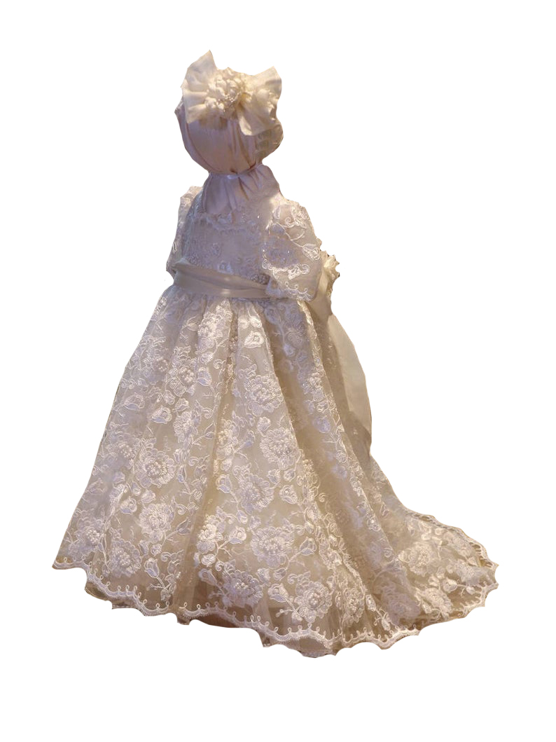 Classy 2021 Ivory Short Sleeve Communion Dress For Baby Girls Lace Appliqued Pearls Baptism Dresses With Bonnet First Communication Dress