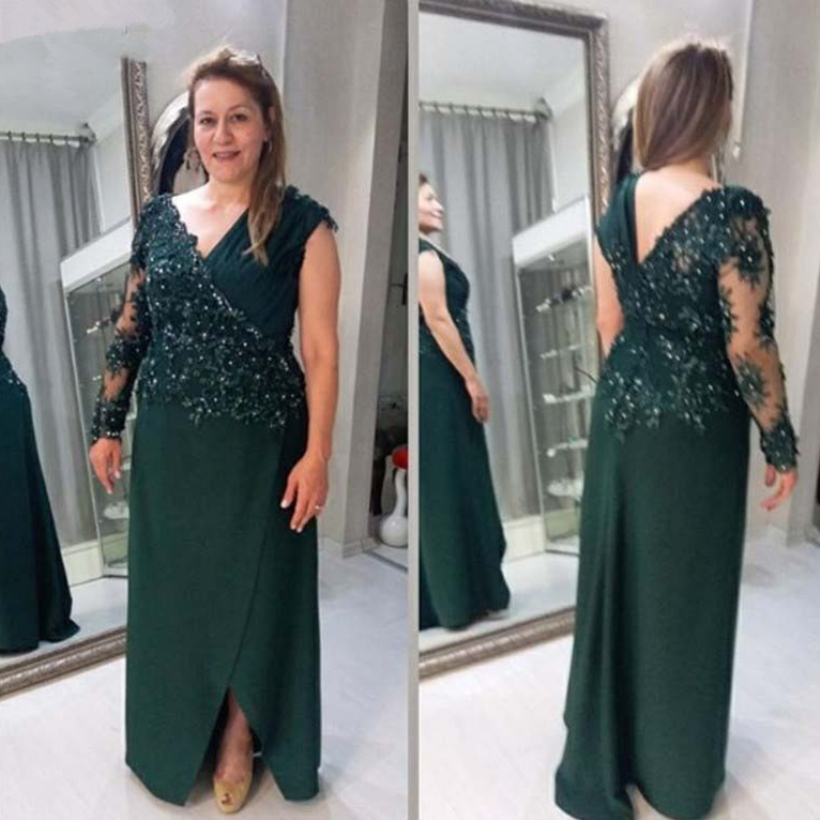 Chic One Sleeve Dark Green Mother of The Bride Dresses Front Slit Appliques Lace Beaded V-Neck Wedding Guest Gowns Custom Made Mothers Dress
