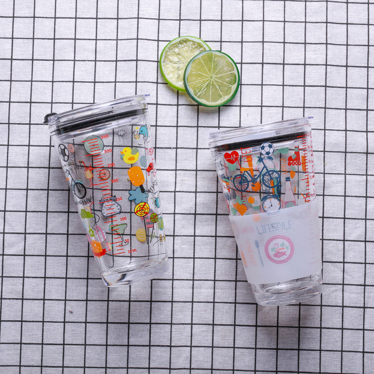 New 15oz Scale Glass Mug Oat Cartoon Print Drinking Cups Water Cup Milk Breakfast Cup Large Capacity Heat Resistant Scale Glass Mug