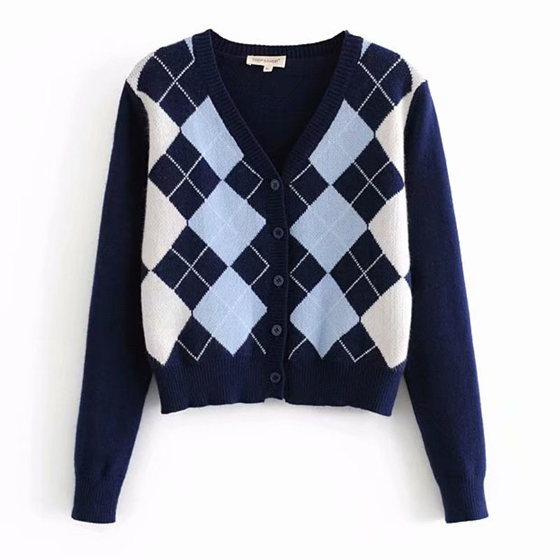 Women Cardigan Knit Sweater Vintage Stylish Geometric Pattern Slim Crop Top Fashion V-Neck England Style Long Sleeve Outerwear