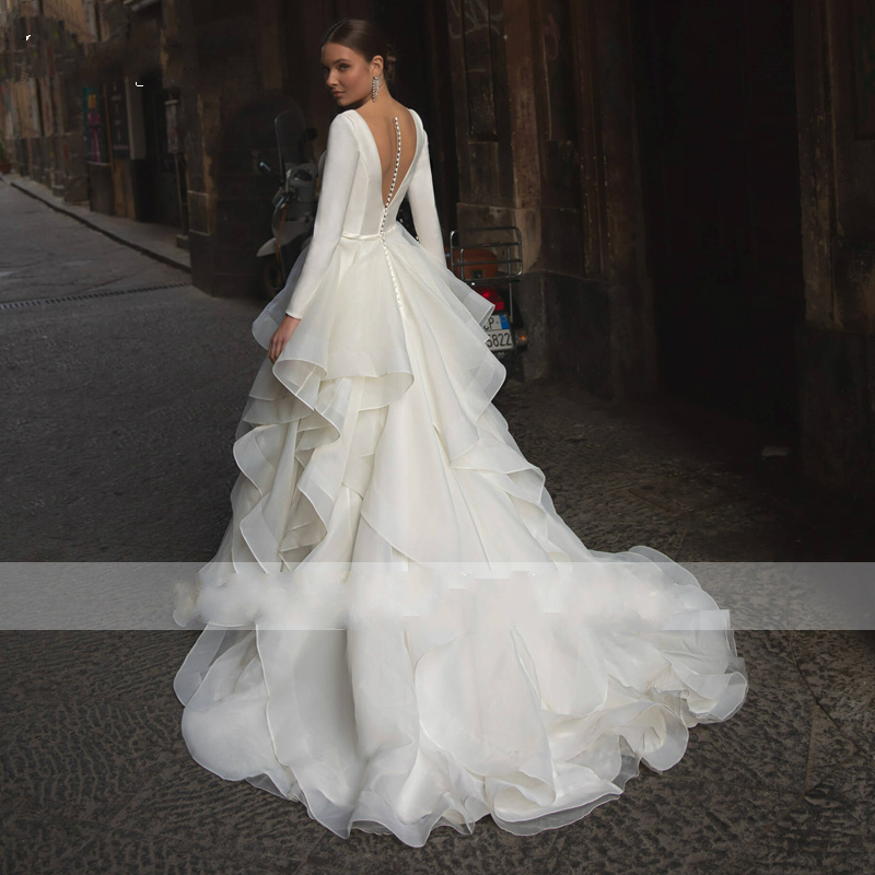 Romantic A Line Wedding Dress 2021 Graceful V Neck Ruffles Long Sleeve Court Train Princess Bride Gown Plus Size