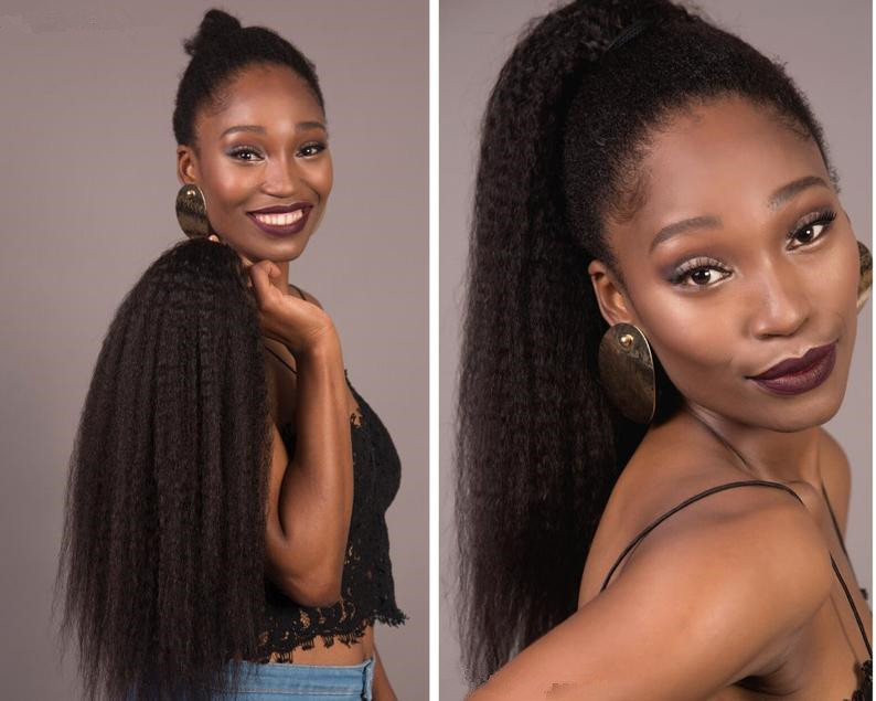 14inch Kinky Straight Pony tail Extension Magic Paste Clip in Yaki Wavy Human Wrap Around Ponytail Hairpiece