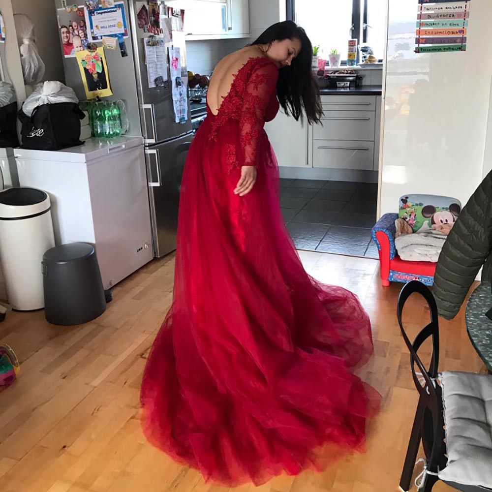 New Customize Design luxury Lace Appliques Illusion Slit Evening Dresses Open Back Formal Party Gown Long Sleeve Prom Dresses