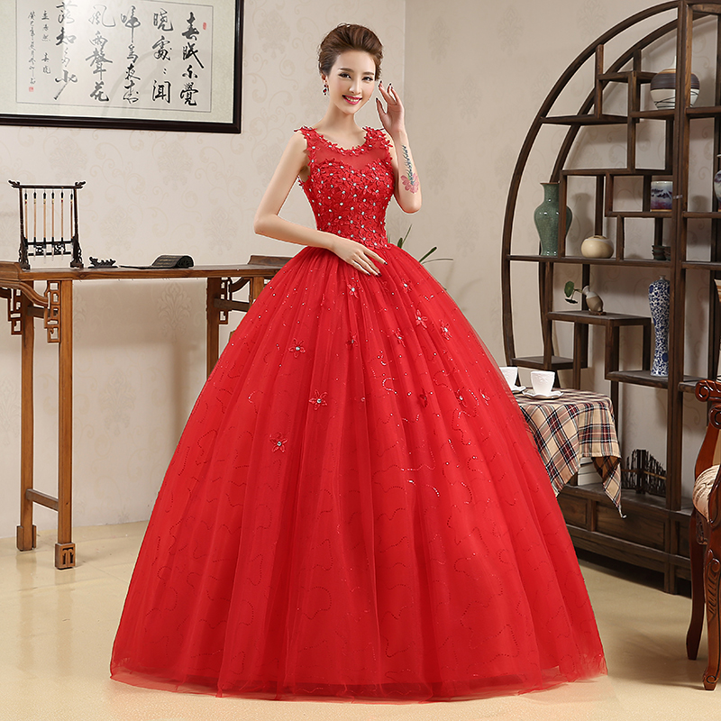 Red Retro Korean Style Big Long Train Wedding Dress 2020 Vestidos De Novia Real Photo Plus Size Princess Brid Lace with Flowers