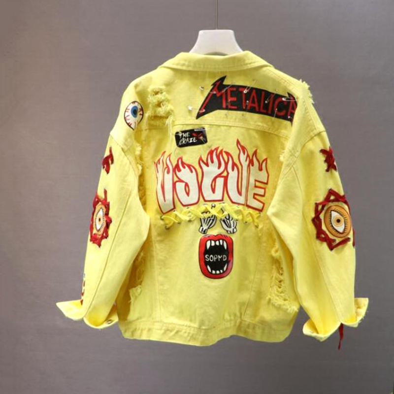New Spring Autumn Women's Alphabet Printing Lace Bow Pin Hole Denim Jacket Student Basic Coat Red / Yellow Jeans Jacket women
New Spring Autumn Women's Alphabet Printing Lace Bow Pin Hole Denim Jacket Student Basic Coat Red / Yellow Jeans Jacket women