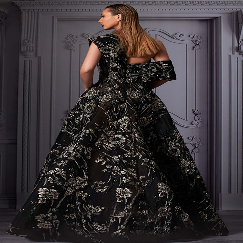 Luxury Black Prom Dresses One-shoulder Sleeveless Lace Appliqued Beads Ruffles Evening Dress Sexy Backless Party Dress robes de soirée