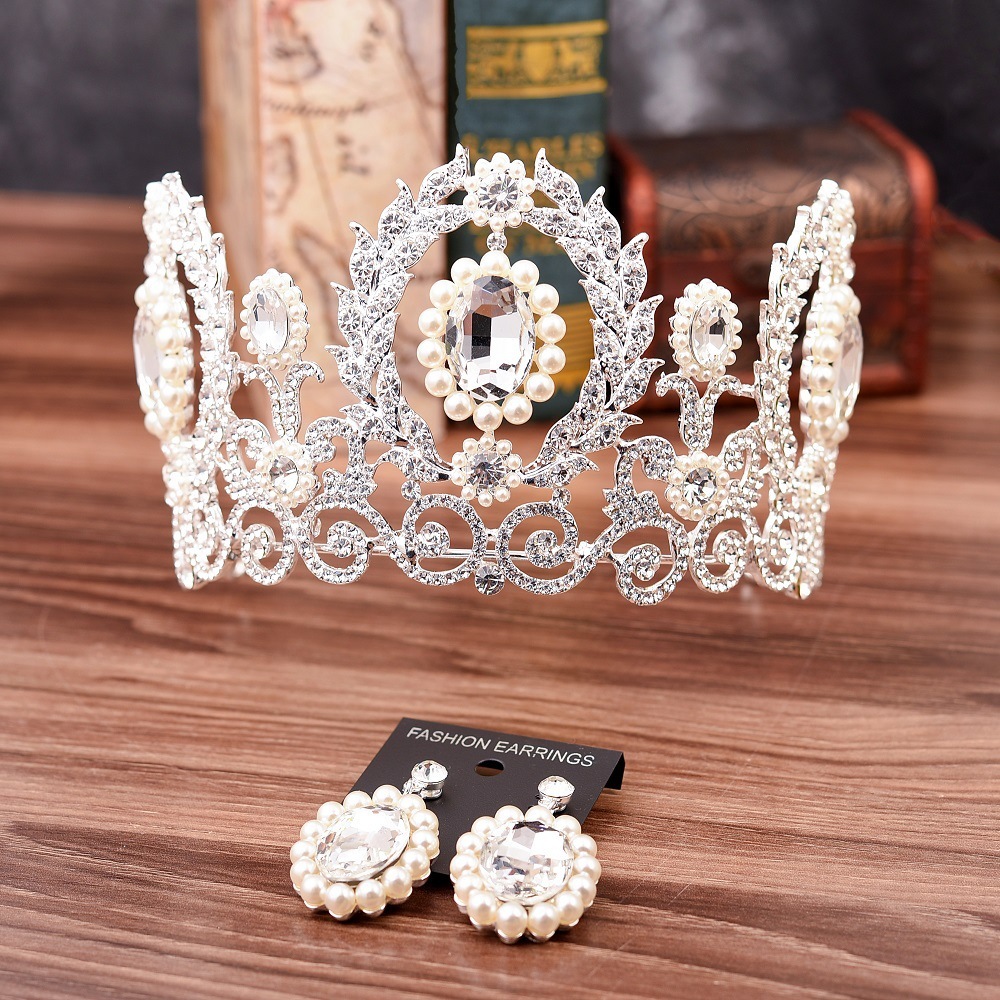 Baroque Royal Queen King Pearl Bridal Tiaras Crowns Wedding Hair Accessories Rhinestone Diadem Prom Pageant Crown With Earrings Y200727