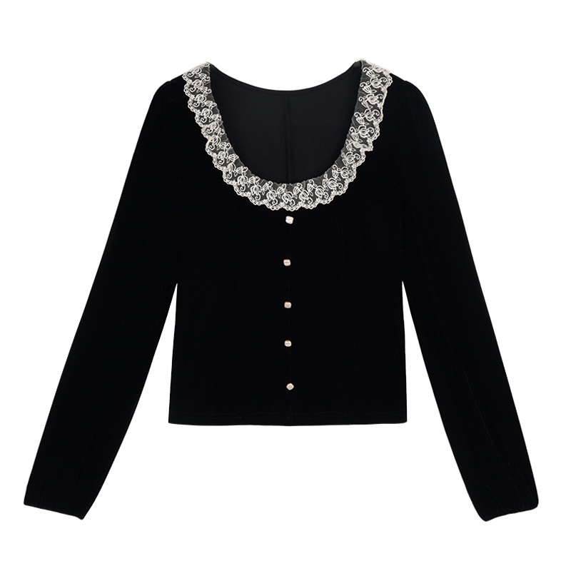 PERHAPS U women black solid velvet o neck long sleeve shirt blouse button lace B0690
PERHAPS U women black solid velvet o neck long sleeve shirt blouse button lace B0690