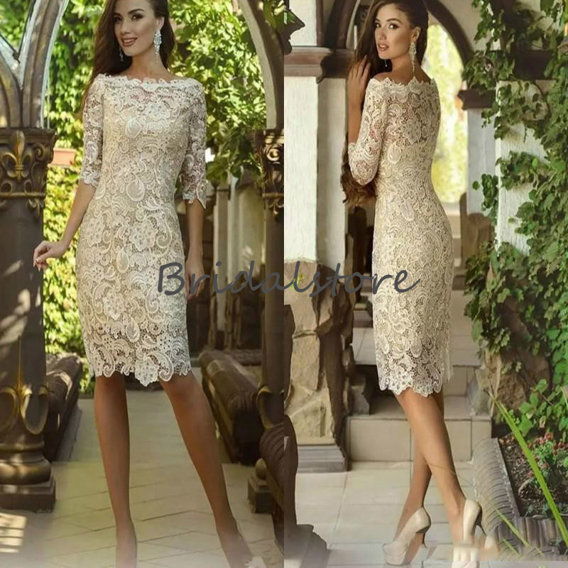 Modern Full Lace Mother Of The Bride Dresses Sexy Knee Length Half Sleeves Mom Formal Evening Wear Skirt 2020 Jewel Neckline Short Prom Gown