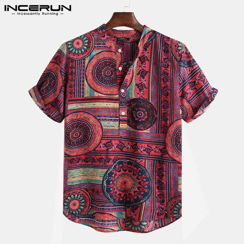 Men Shirt Ethnic Style Print Short Sleeve Stand Collar Camisa Masculina Casual Tops Streetwear Men Hawaiian Shirts INCERUN 200925