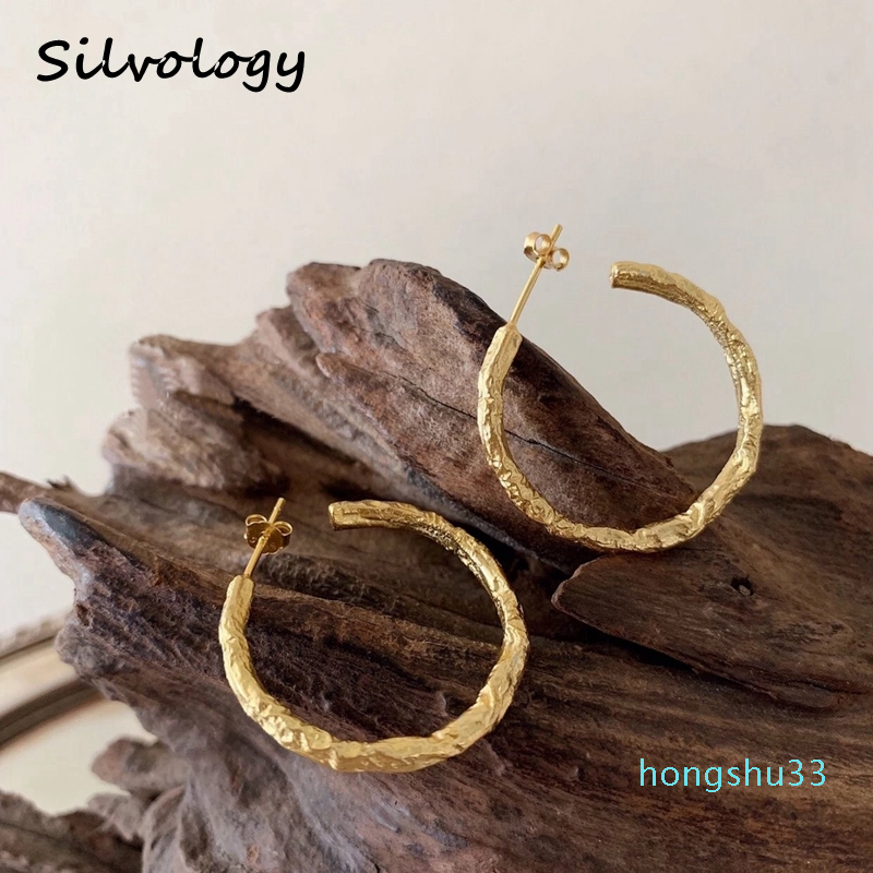 Hot Sale Silvology 925 Sterling Silver C shape Big Earring Gold Irregular Foil Paper Exaggeration Earrings for Women Fashion Jewelry Gift